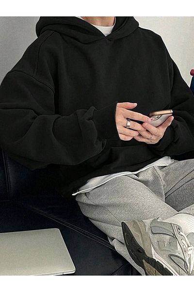 GENIUS STORE Men's Oversize Hooded Sweatshirt - 3 Thread Raster