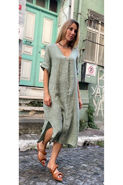 Natavan Rochie lungă de in - Detaliu cu nasturi și model solid