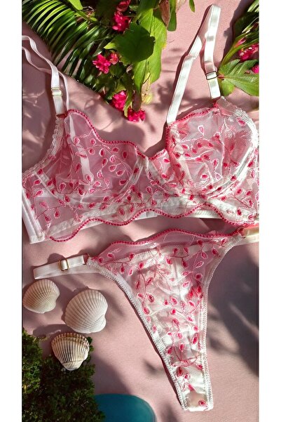 Butik Pembe Dantelli Beyaz Bralet Takım (Sütyen+Tanga)