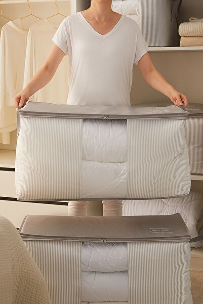 Ocean Home Textile Mega Boy Pencereli Stuff&things Gri Çizgili Yastık Yorgan Kazak Hurcu 75x40x40