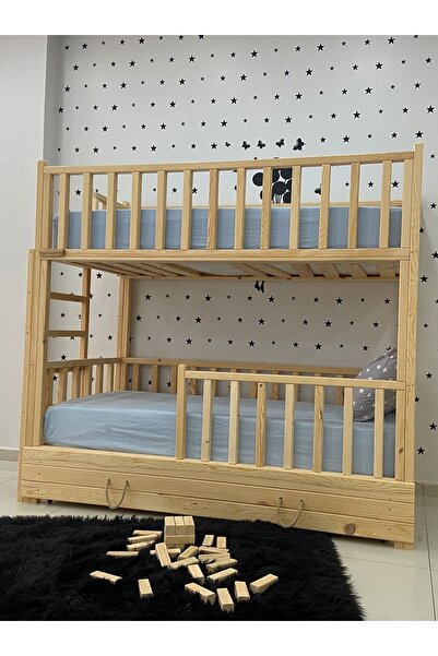 MiniWood Montessori Yatak Merdivenli Ahşap Ranza Çekmeceli