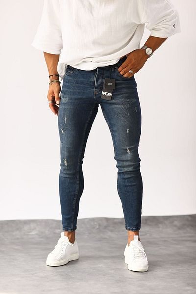 MADZEYMODA Ανδρικό τζιν με λεπτή εφαρμογή, με λεπτομέρεια σκούρο μπλε