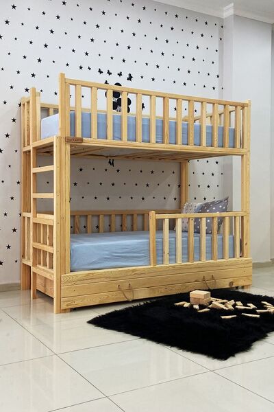 MiniWood Montessori Yatak Merdivenli Ahşap Ranza Çekmeceli