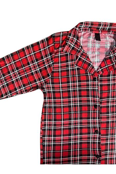 Prestij İç Giyim Red Plaid Patterned Suede Pajama Set - Shirt Collar, Buttoned, Long Sleeve