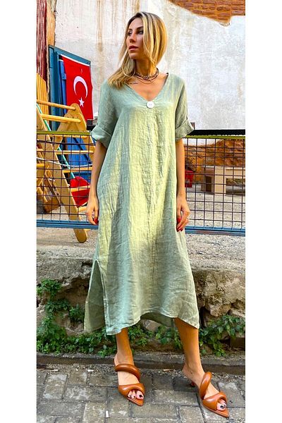 Natavan Rochie lungă de in - Detaliu cu nasturi și model solid