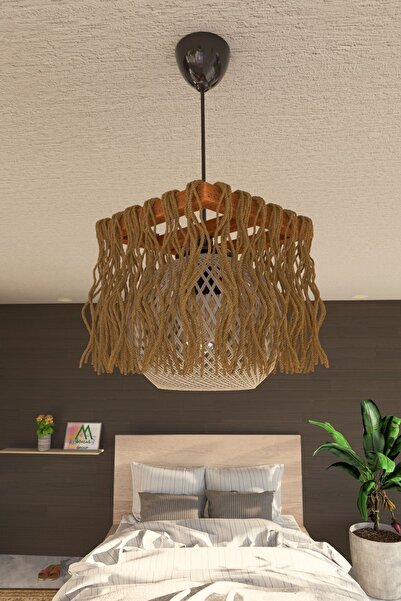 gökdağ group g g Gökdağ Otantik Saçaklı Ahşap Halatlı Balle  Krem Top Avize