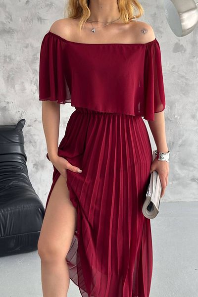 Neşeli Butik Rochie din șifon plisat cu guler Madonna pentru femei - NBK2099