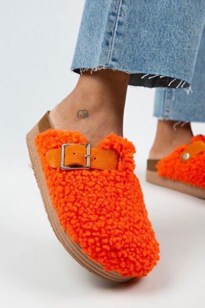 Manijero Juno Women's Textile Furry Genuine Leather Belted Buckle Orange Slippers