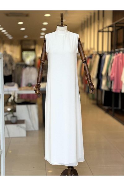 EFRAZE Ecru Sleeveless Straight Long Chiffon Dress 778