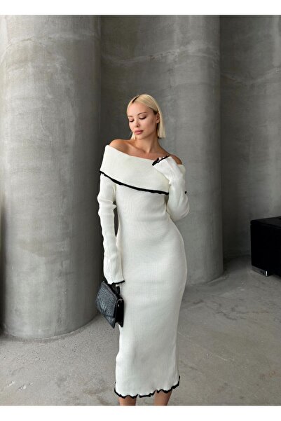 TrendParis Γυναικείο Πλεκτό Φόρεμα Midi - Γιακάς Madonna