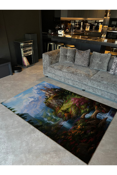 Rugs Modern Halı Goblen Tasarım Şato Nehir ve Karlı Dağlar Desenli Vintage De...