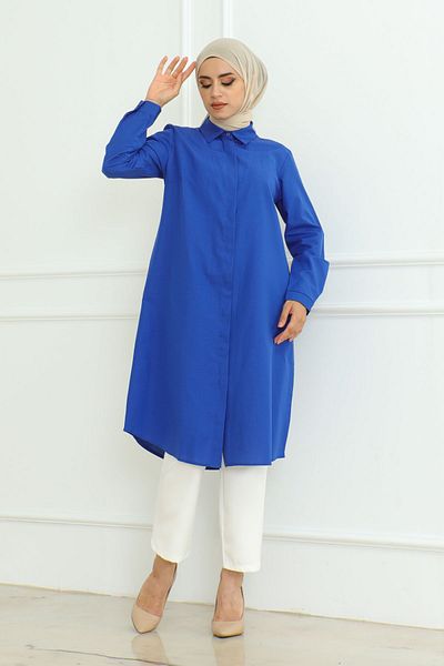 Eliva Tunica Saks Blue pentru dama - Maneca lunga, nasturi cu rever, design Hijab