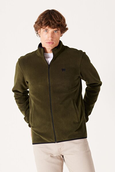 WRANGLER Regular Fit Men's Khaki Zippered Fleece Sweatshirt Jacket