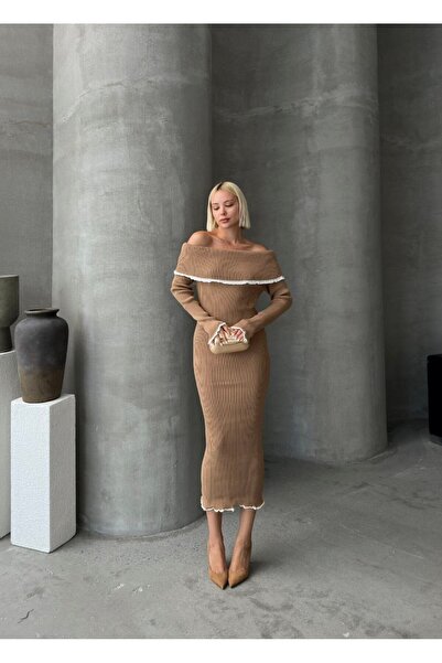 TrendParis Γυναικείο Πλεκτό Φόρεμα Midi - Γιακάς Madonna