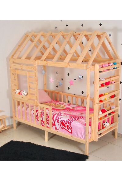 MiniWood Montessori Yatak Çocuk Yatak Raf Çatılı Doğal Çam 90x190 Menekşe