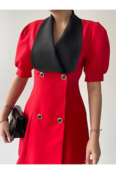 Julidress Kadın Atlas Kumaş Geniş Ceket Yakalı Kısa Kollu Kırmızı Ceket Elbise