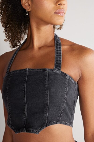 WRANGLER Regular Fit Regular Cut Straight Collar Black Jean Crop Blouse