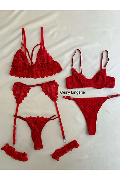 CES'Y LİNGERİE Red Princess 7 Piece Dowry Set