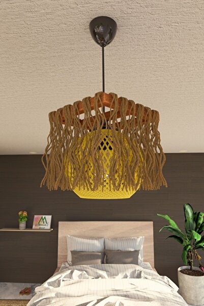 gökdağ group g g Gökdağ Otantik Saçaklı Ahşap Halatlı Balle  Sarı Top Avize