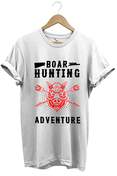 WİDİ Tricou alb cu imprimeu pentru vânătoarea de porci, cu tematică de vânăto...