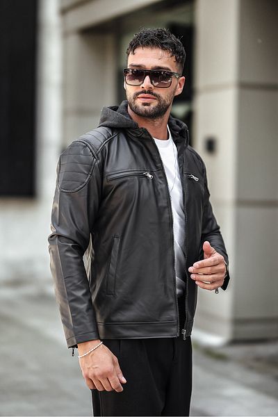 gm giyimarket Ανδρικό μαύρο δερμάτινο μπουφάν New Season