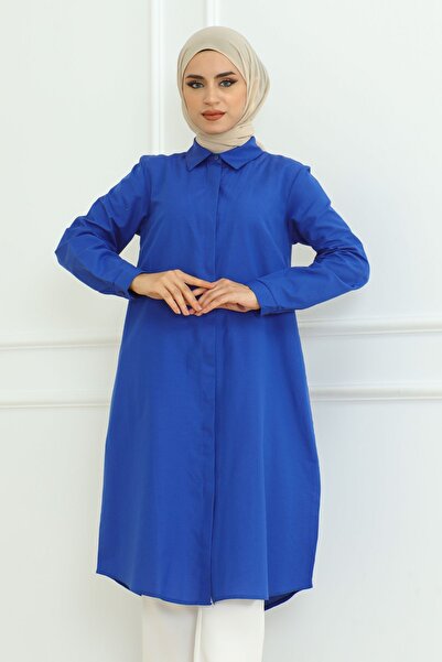 Eliva Saks Mavi Жіноча туніка - з довгими рукавами, коміром на ґудзиках, дизайн для паранджі