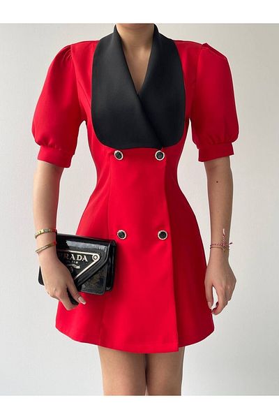 Julidress Red Atlas Fabric - Rochie jachetă cu mânecă scurtă pentru femei cu guler larg