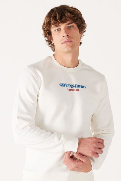 WRANGLER Regular Fit Regular Cut Crew Neck Fleece Inside Off White Sweatshirt