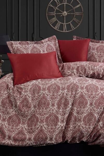 Dantela Pamuk Saten Jakarlı Çift Kişilik Nevresim Takımı - Carolina Bordo