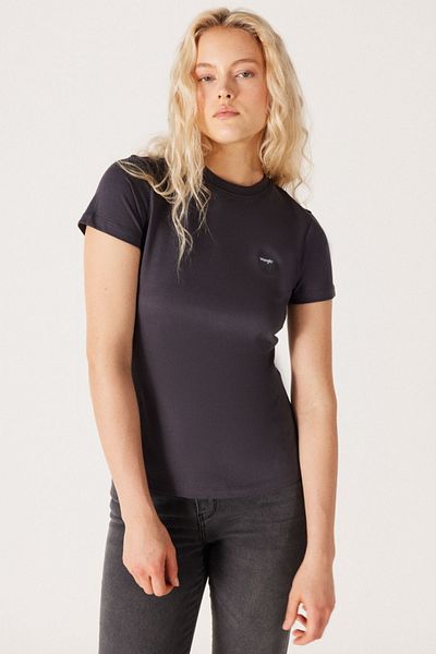 WRANGLER Slim Fit Slim Fit Damen-T-Shirt aus 100 % Baumwolle mit Anthrazit-Logo und Rundhalsausschnitt