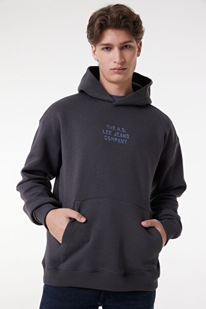 Lee Relaxed Fit Geniş Kesim Kapüşonlu Içi Polarlı Sırt Baskılı Antrasit Sweat...