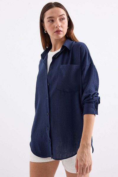 Bigdart Λινό πουκάμισο 20153 μοντέλο μονής τσέπης Navy Blue Oversize