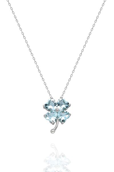 Nereze 925 Ayar Aquamarin Taşlı Yonca Kolye Kadın Gümüş Kolye