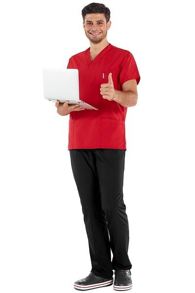 Scrubs Flex Set de tricou pentru medic și asistentă chirurgicală din lycra roșu/negru pentru bărbați