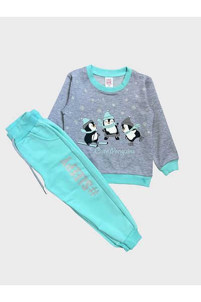 ALİŞ KİDS Penguin Patterned Gray Girl's Cotton Tracksuit Set