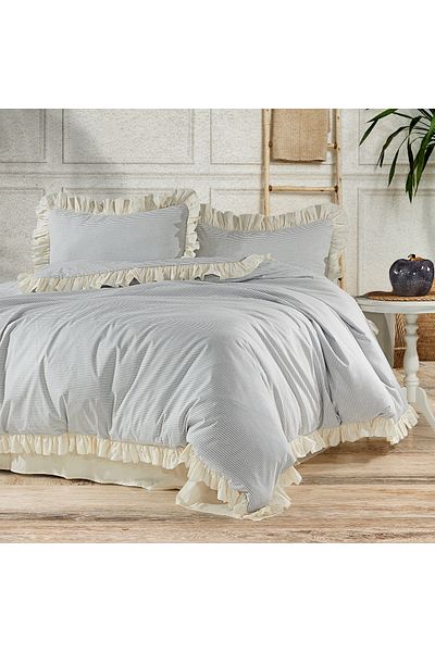 MundoLindo Set cuvertură dublu cu volane din bumbac natural 100% vopsit în fire Nature Village 6 bucăți 200x220 cm
