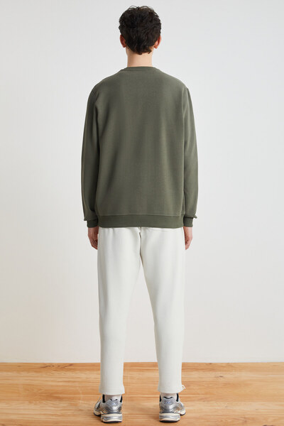 GRIMELANGE NATAS Erkek Regular Fit 3 İplik Şardonlu Yuvarlak Yakalı Etiket Detaylı Haki Sweatshirt