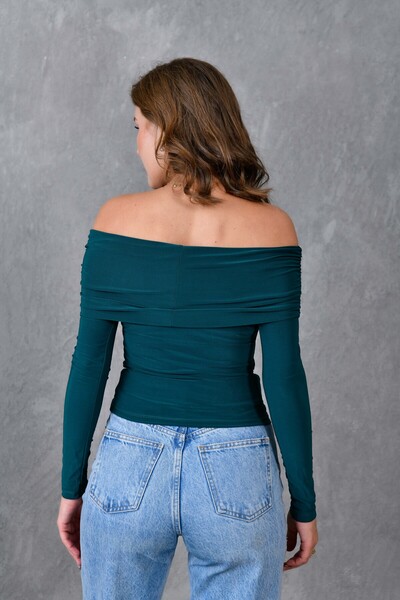 bayansepeti Sandy Emerald - Madonna Collar Long Sleeve Basic Blouse 12252