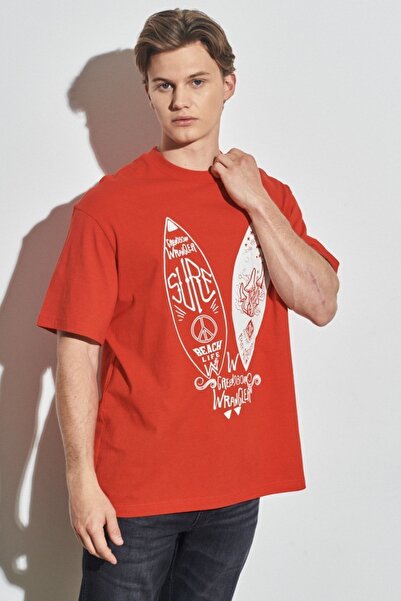 WRANGLER Comfortable Fit - 100% Cotton Red Crew Neck T-shirt