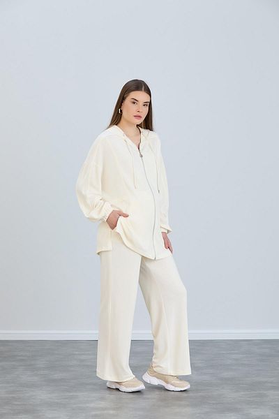 LİYACA Σετ γυναικεία αθλητική φόρμα Oversize σε κρεμ χρώμα - Με φερμουάρ