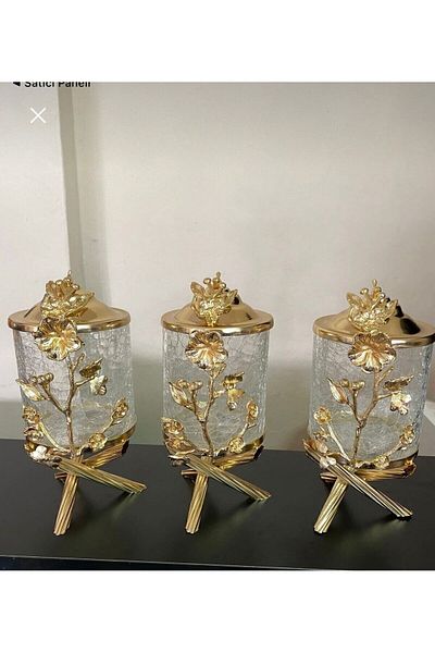 Kardelen Kristal Gold Brass Embroidered Jar Set
