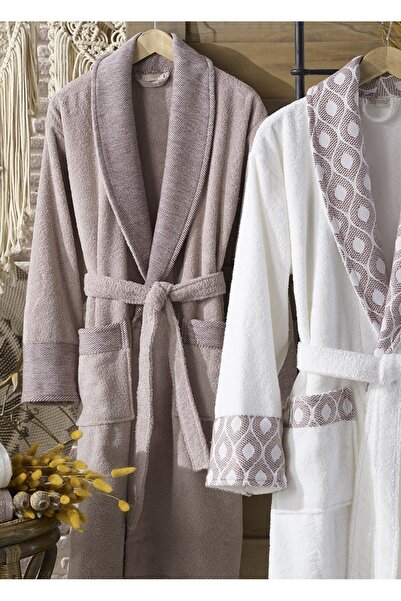 Dantela Aria Jakarlı Pamuk Bornoz Seti 6 Parça - Krem/kiremit
