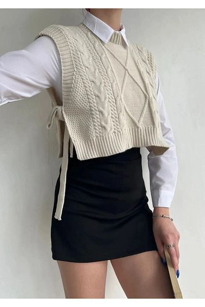 manolyabutik Women's Patterned Adjustable Side Tie Knitwear Crop Sweater