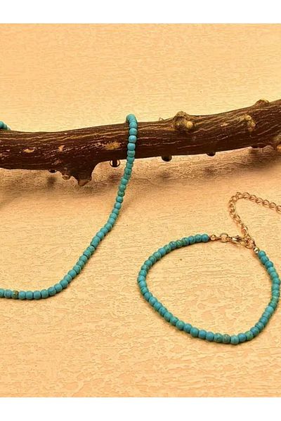 By Song Aksesuar Turquoise Natural Stone Necklace and Bracelet Set
