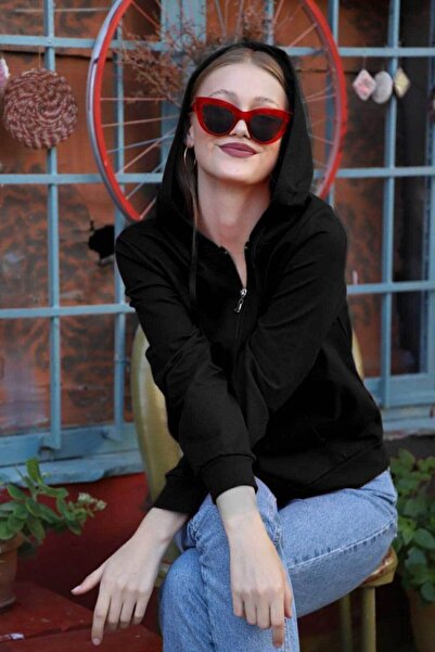 Deuve Butik Γυναικείο φούτερ με μαύρη κουκούλα με φερμουάρ