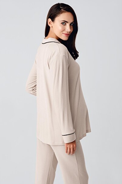 Artış Flexible Viscous Baby Collar maternity Pajamas Set - Long Sleeve anD ButtoneD