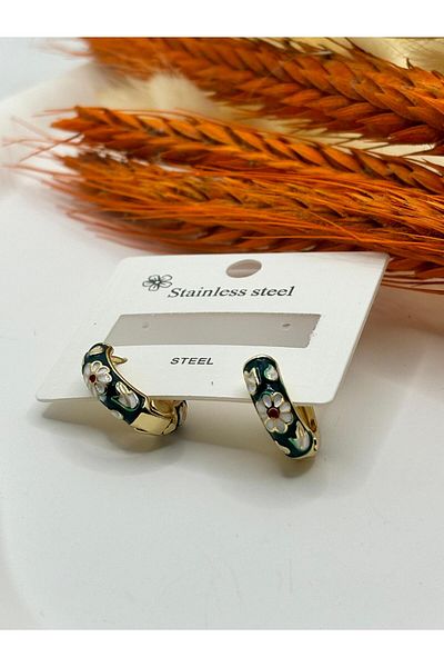 crown atelier Vintage Dark Green Floral Pattern 316L Tarnish-Free Steel Earrings