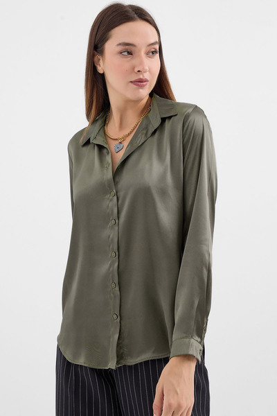Bigdart 3964 Hafif Dökümlü Saten Gömlek - Haki