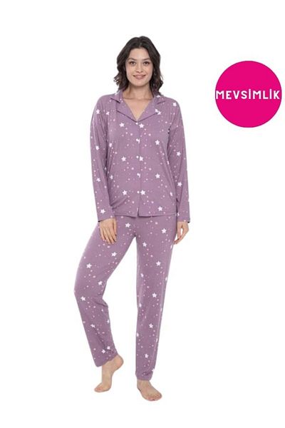 bie's Lilac White Star - Low Sleeve Oversize Shirt Collar Pajama Set