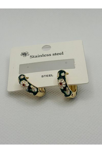 crown atelier Vintage Dark Green Floral Pattern 316L Tarnish-Free Steel Earrings